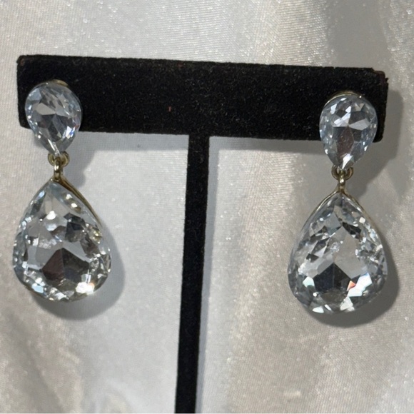 Formal Large Stone Double Teardrop Earrings Designer Inspired Dangles Gold Post - Picture 10 of 10